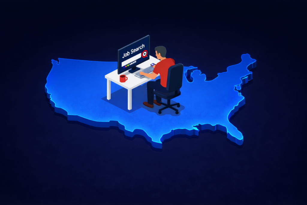 staffing-solution-job-search Dark-themed isometric illustration showing a person searching for job opportunities online, working at a desk positioned on a glowing blue map of the United States.